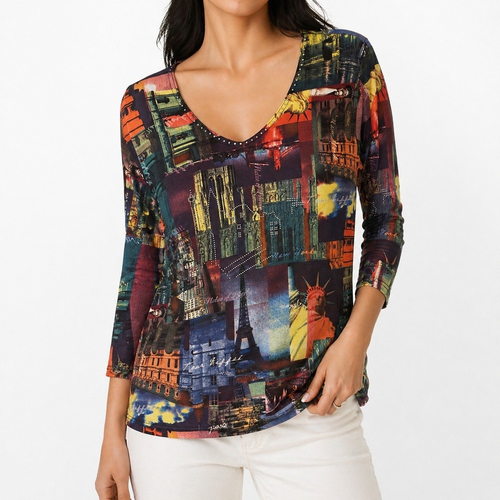 Valentina NYC Top Women's Medium Graphic Print Scoop Neck 3/4 Sleeve
